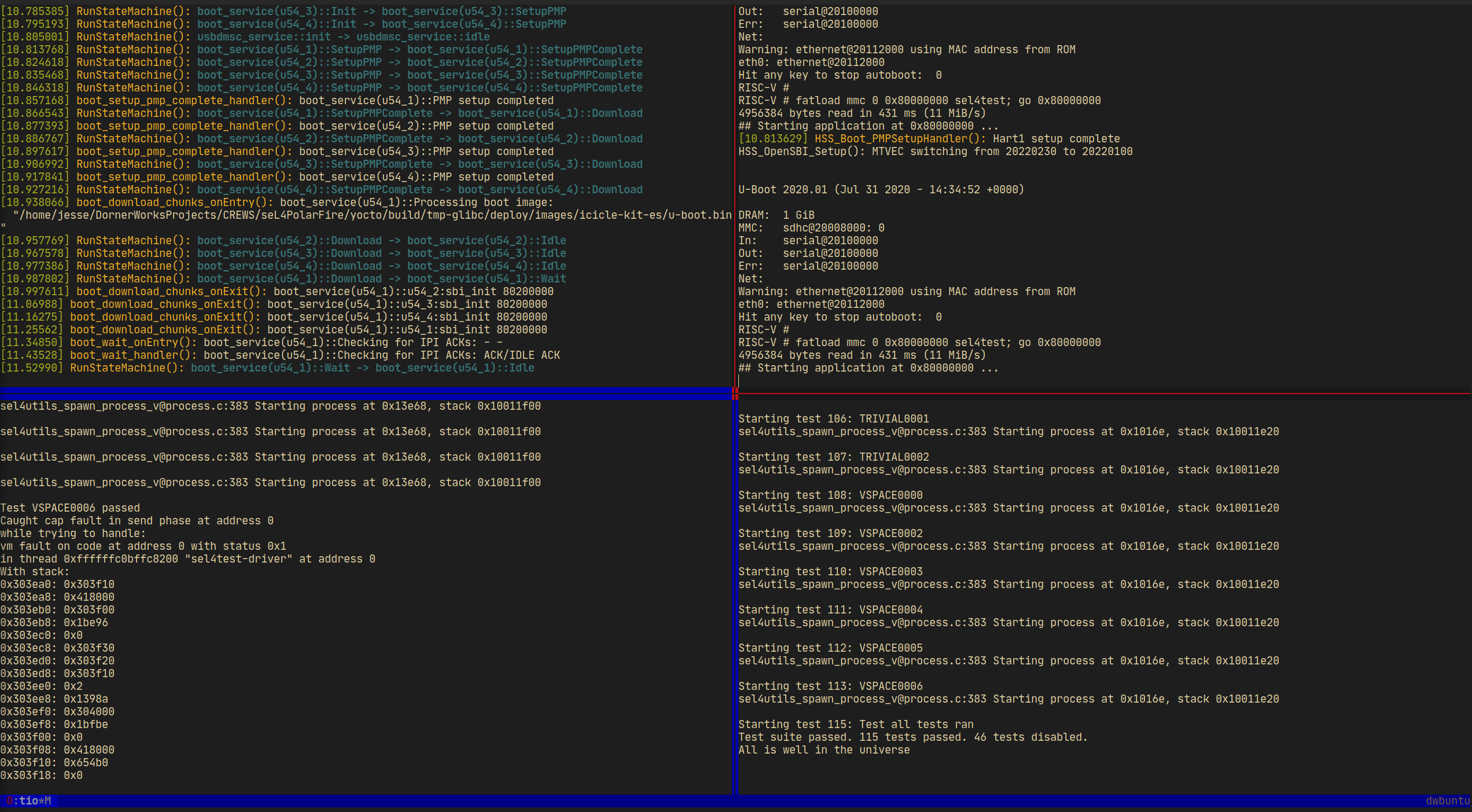 You should see debug statements printing on the kernel terminal and test output in the lower right.